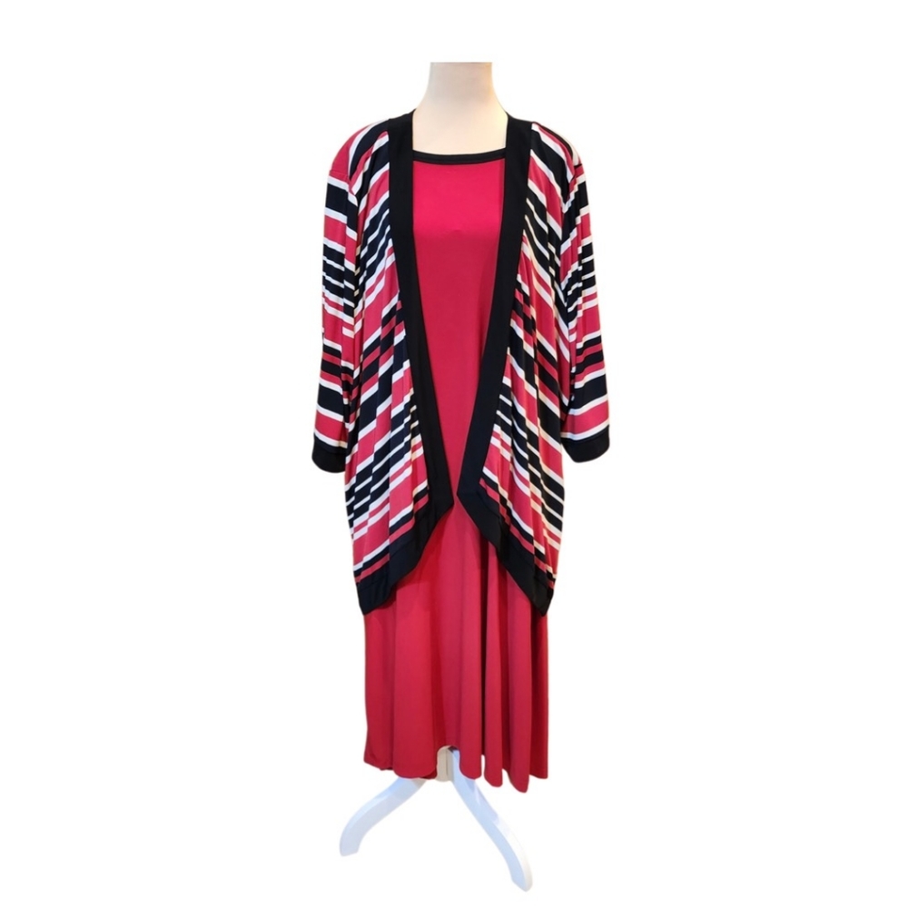 Catherines 2 pc jacket dress, red/black/white stripe 4x 30/32w